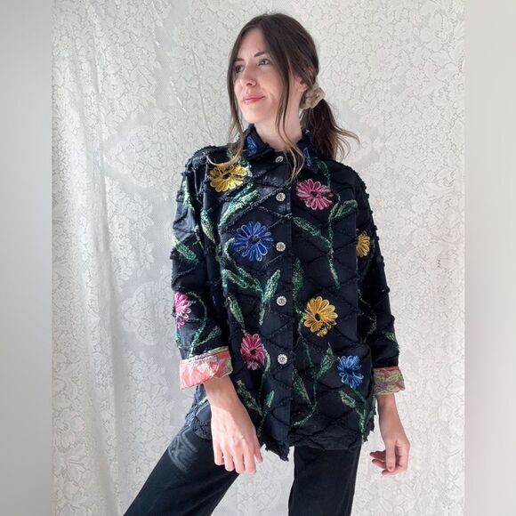 Vintage 90s Roaman’s 100% Cotton Black Floral Embroidered Button Front Jacket - Picture 2 of 12